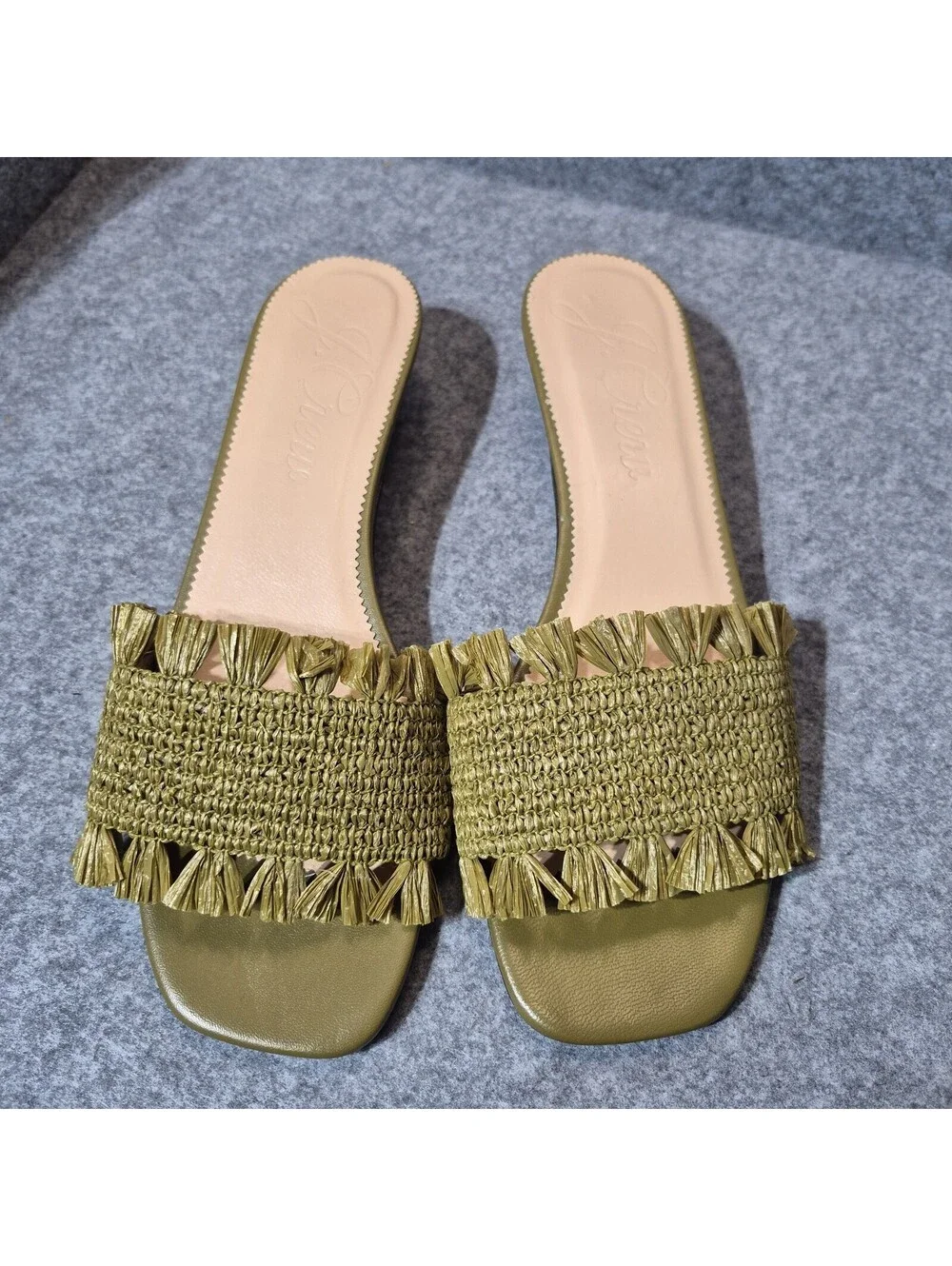 J.Crew Lina Kitten Heels Sandals Woven Raffia Fringe Green Straw & Leather 11